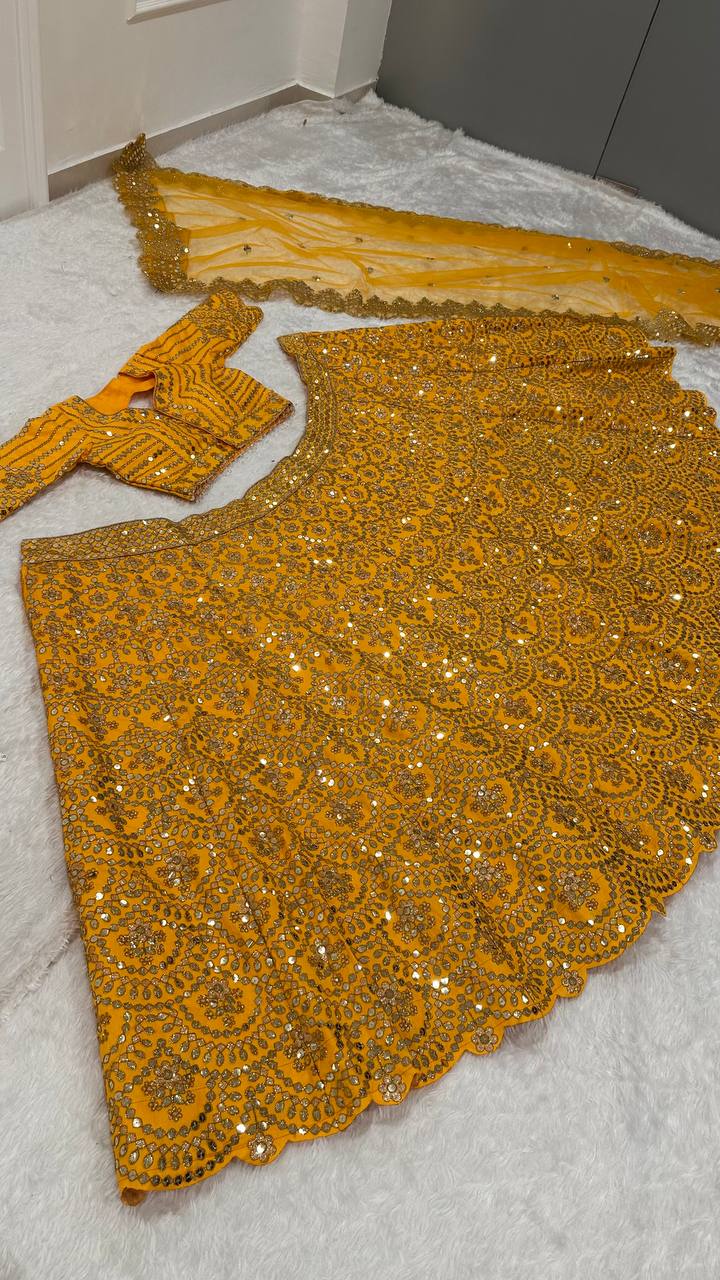 Yellow Color Heavy Sequence Work Designer Haldi Lehenga Choli