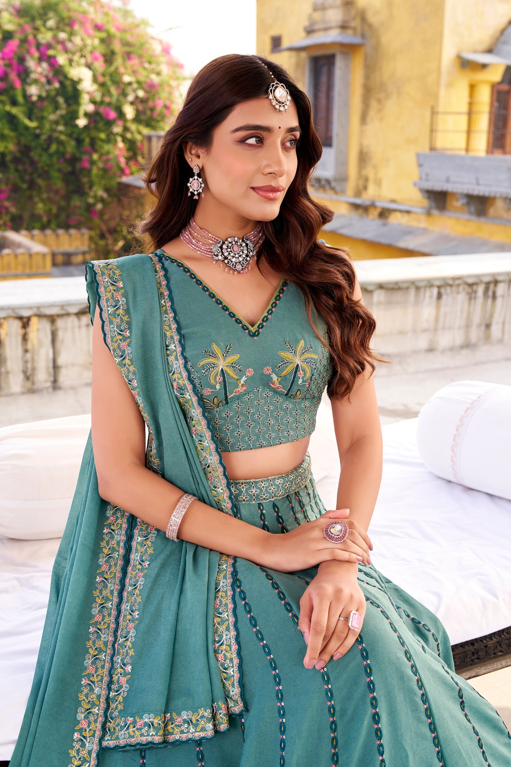 Rama Color Wedding Wear Heavy Sequence Thread Work Lehenga