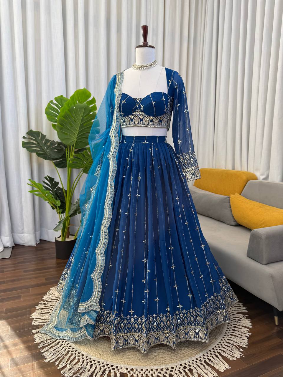 Blue Color Sequence Embroidered Georgette Designer Lehenga Choli
