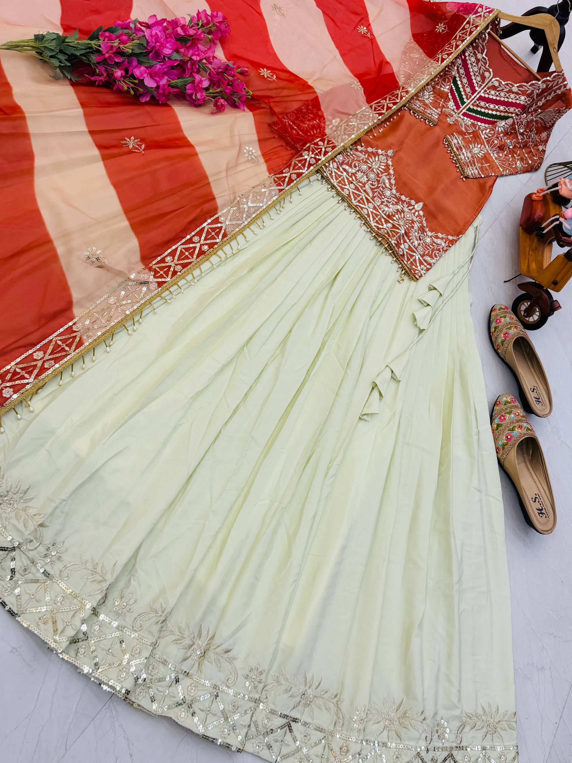 Orange - Cream Color Wedding Wear Designer Top with Lehenga