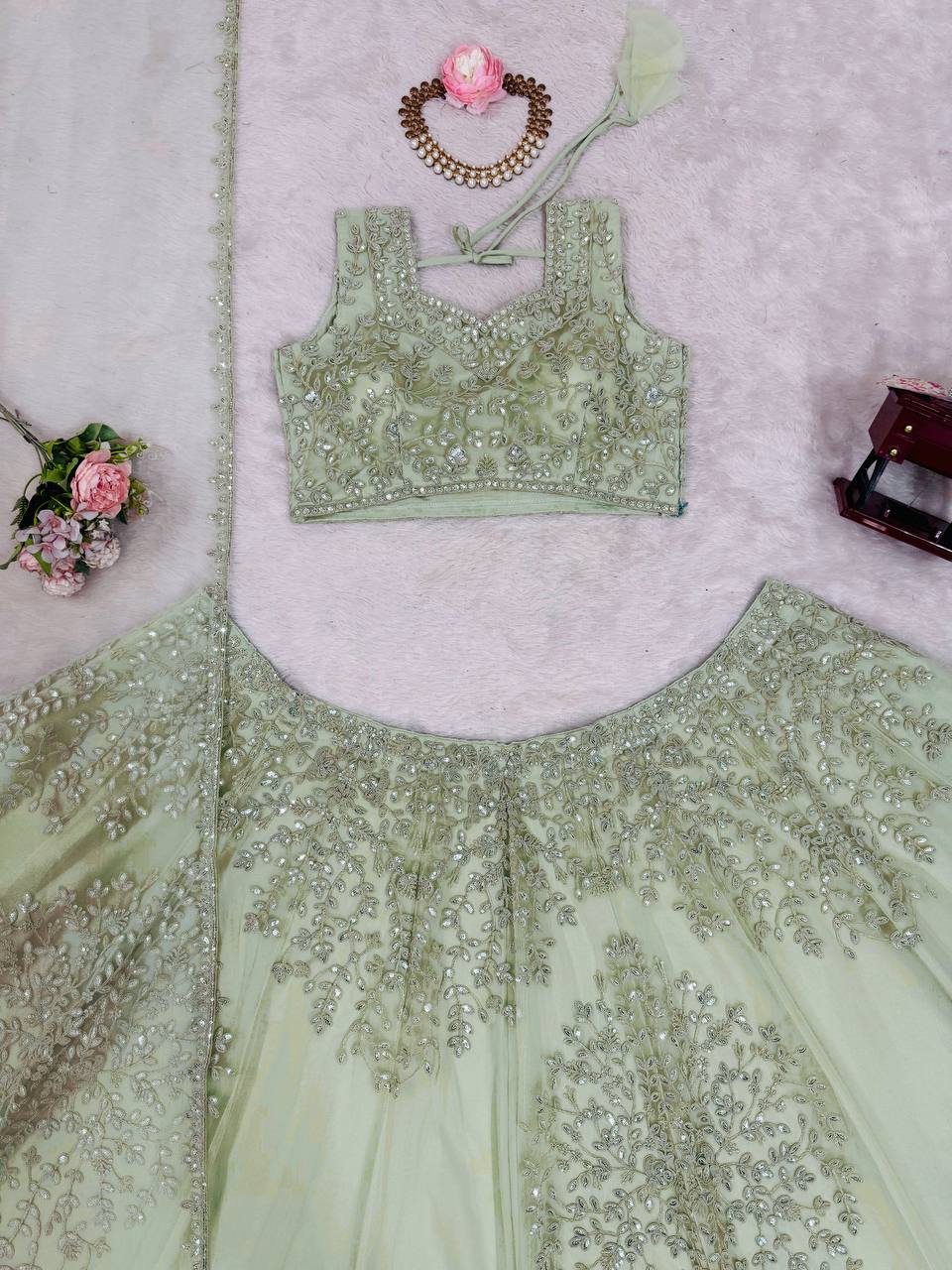 Pista Green Wedding & Party Designer Net Sequence Work Lehenga Choli