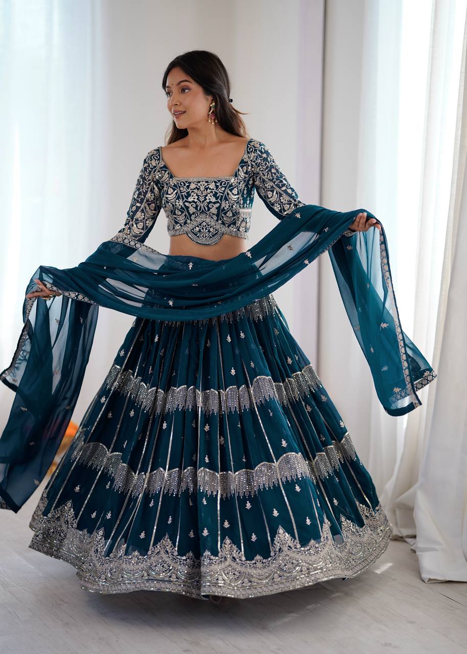 Designer Blue Georgette Wedding & Party Wear Lehenga Choli with Sequence Embroidery