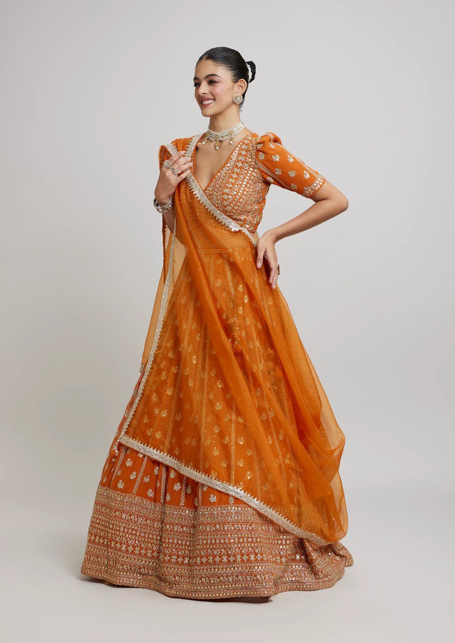 Orange Wedding & Party Wear Designer Sequence Embroidery Work Georgette Lehenga Choli