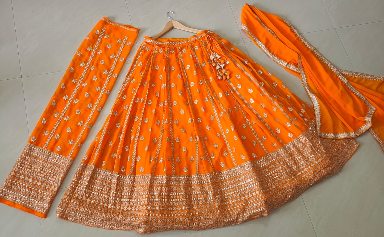 Orange Wedding & Party Wear Designer Sequence Embroidery Work Georgette Lehenga Choli