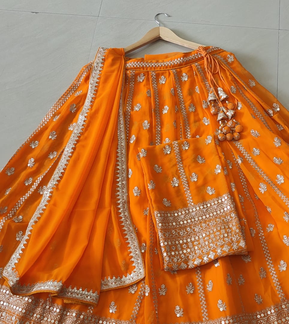 Orange Wedding & Party Wear Designer Sequence Embroidery Work Georgette Lehenga Choli