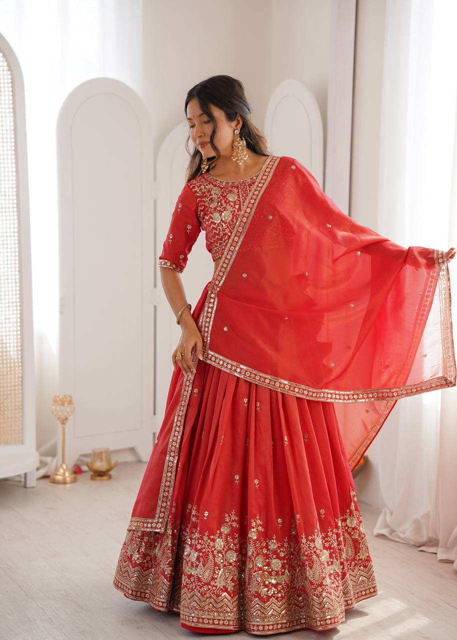 Designer Red Thread & Sequence Work Wedding Lehenga Choli