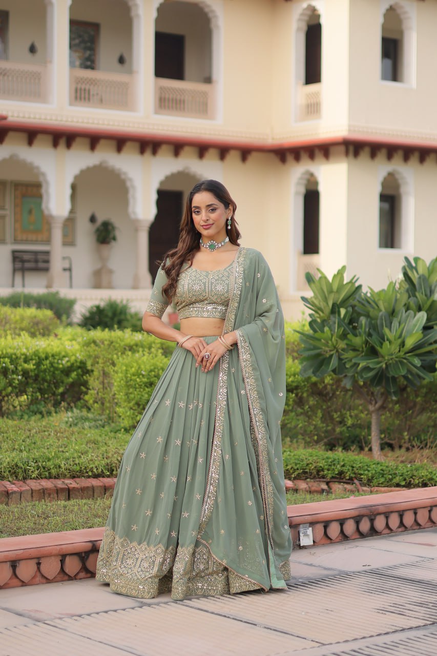 Pista Green Sequence Work Georgette Designer Lehenga Choli for Wedding & Party
