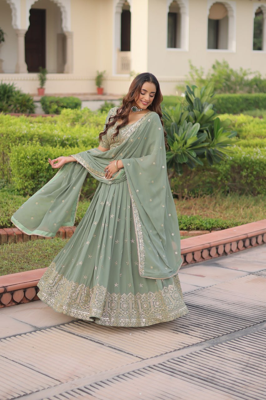 Pista Green Sequence Work Georgette Designer Lehenga Choli for Wedding & Party