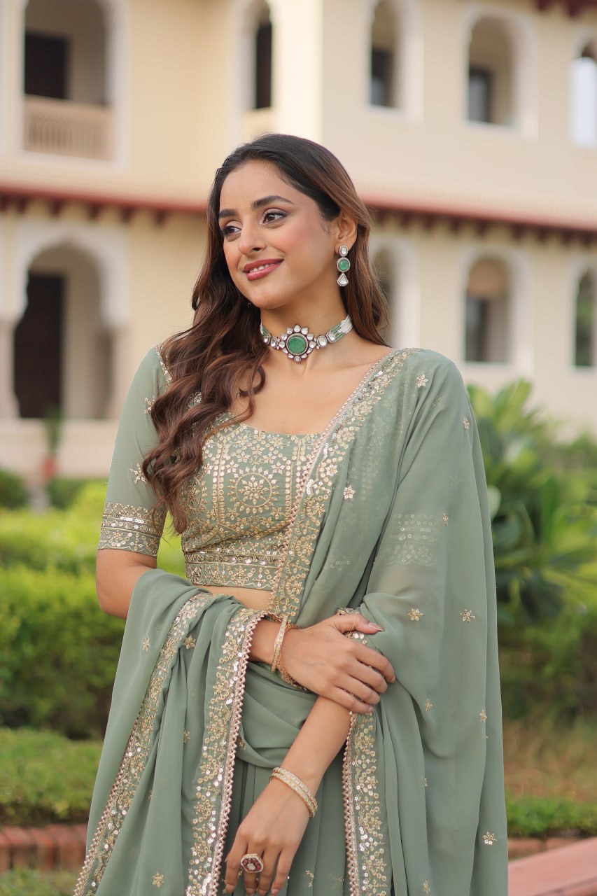 Pista Green Sequence Work Georgette Designer Lehenga Choli for Wedding & Party