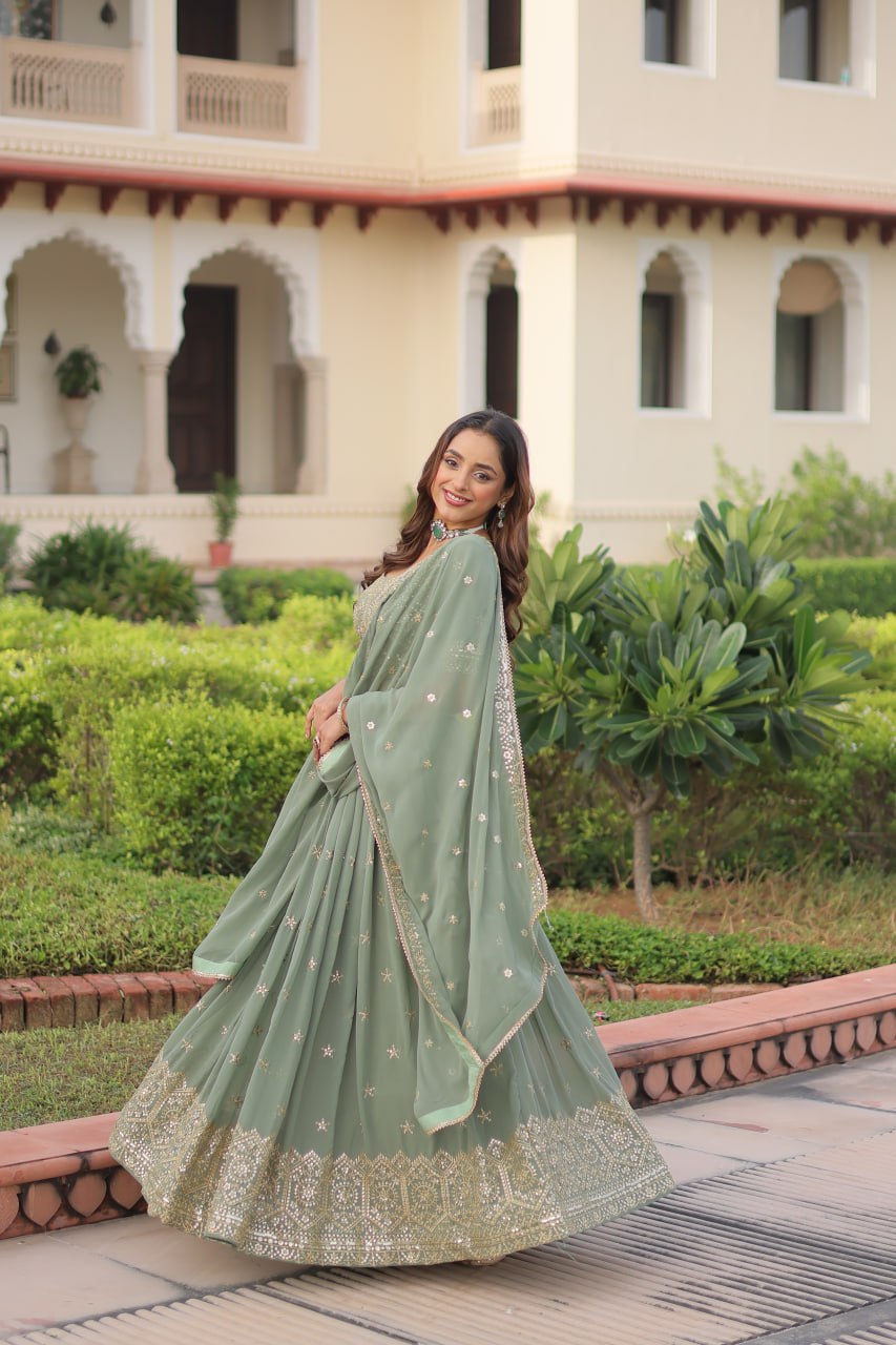 Pista Green Sequence Work Georgette Designer Lehenga Choli for Wedding & Party