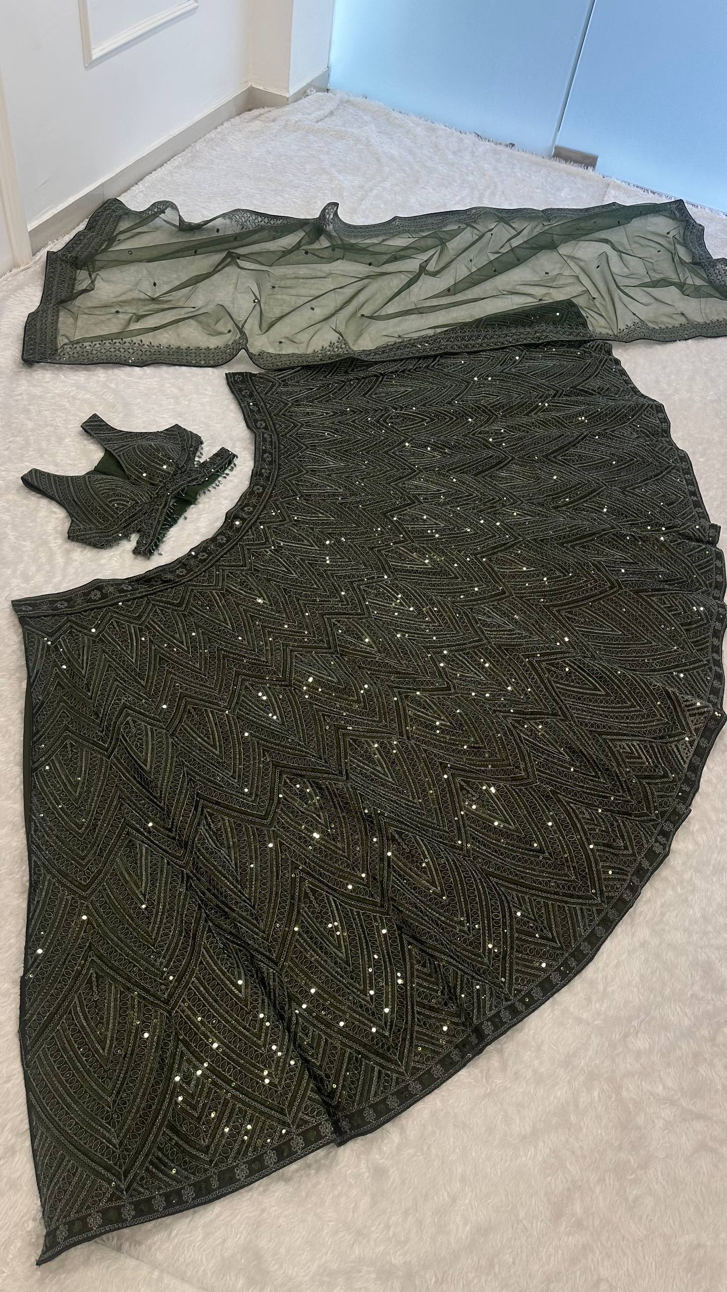 Designer Olive Green Silk Lehenga Choli with Net Dupatta