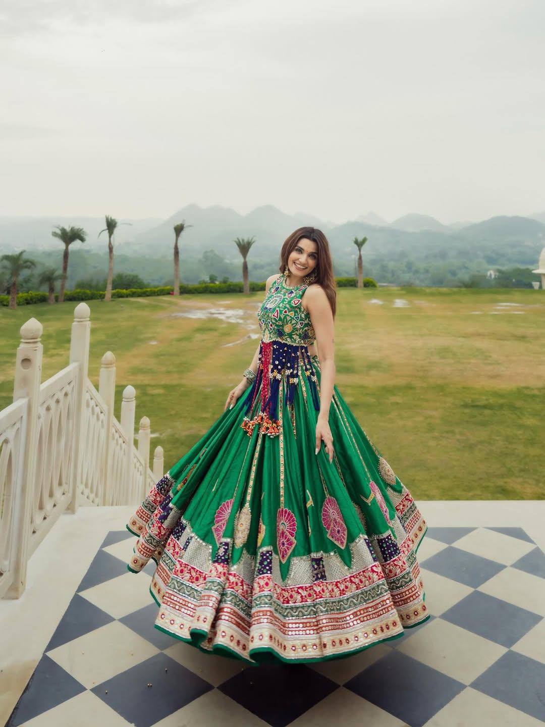 Green Color Digital Printed with Real Mirror Navratri Lehenga Choli