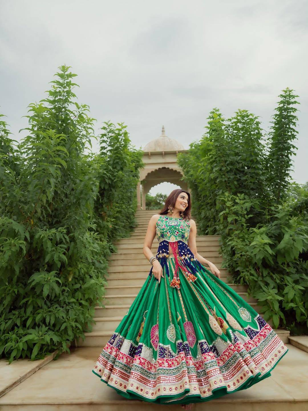 Green Color Digital Printed with Real Mirror Navratri Lehenga Choli
