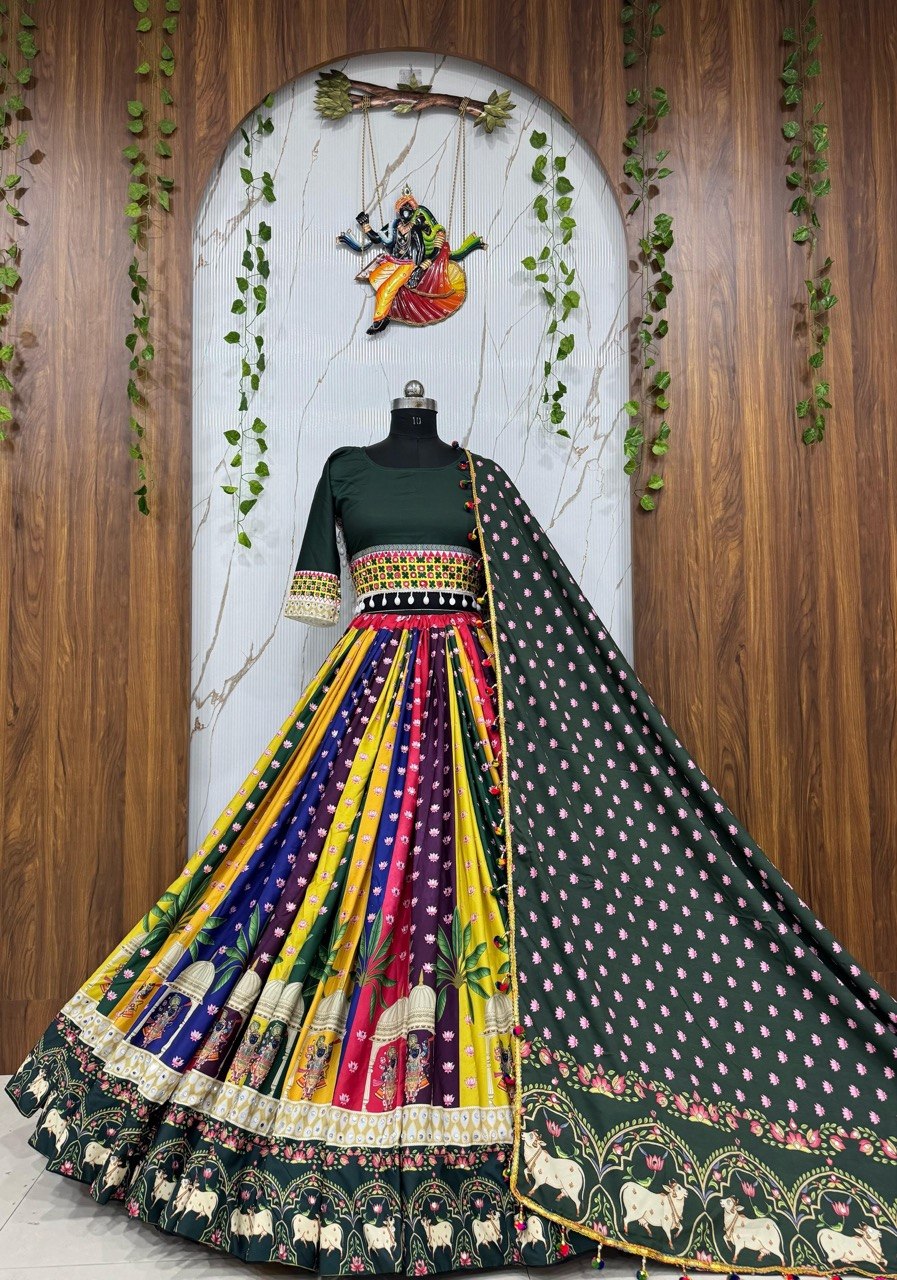 Multi Color Digital Printed with Real Mirror Navratri Lehenga Choli