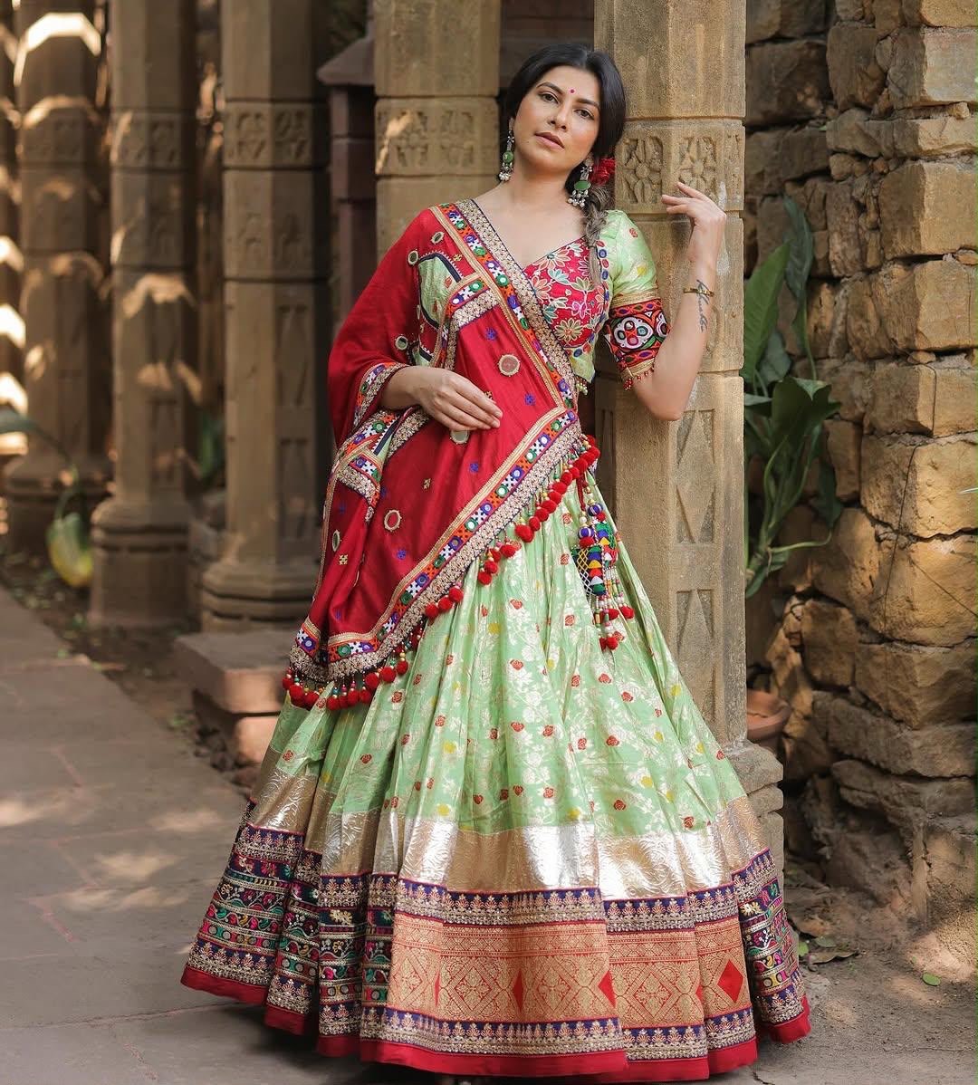Pista Green Color Digital Printed with Real Mirror Navratri Lehenga Choli