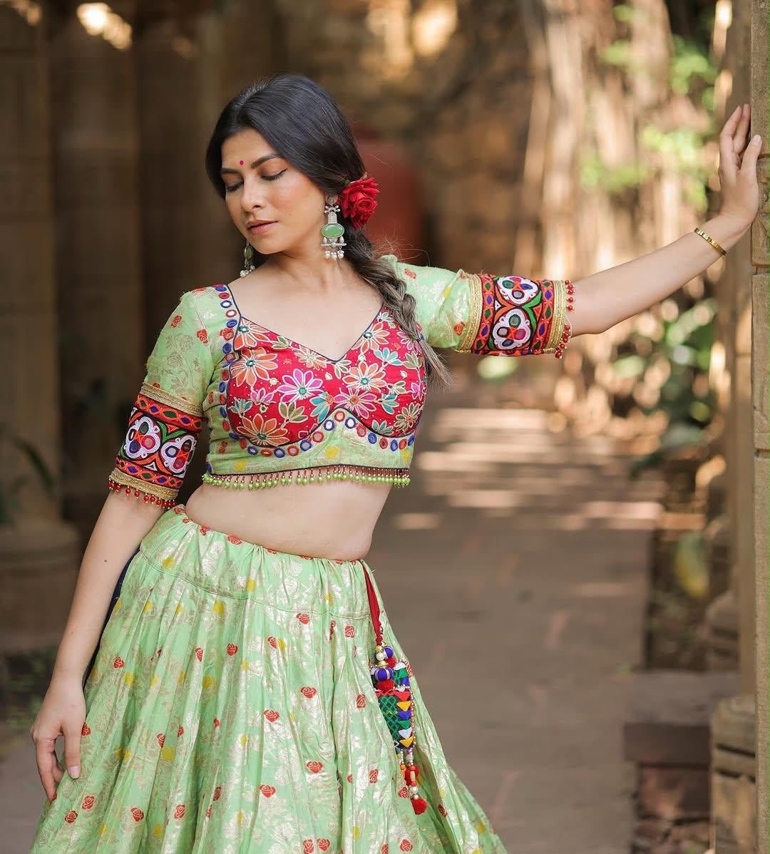 Pista Green Color Digital Printed with Real Mirror Navratri Lehenga Choli