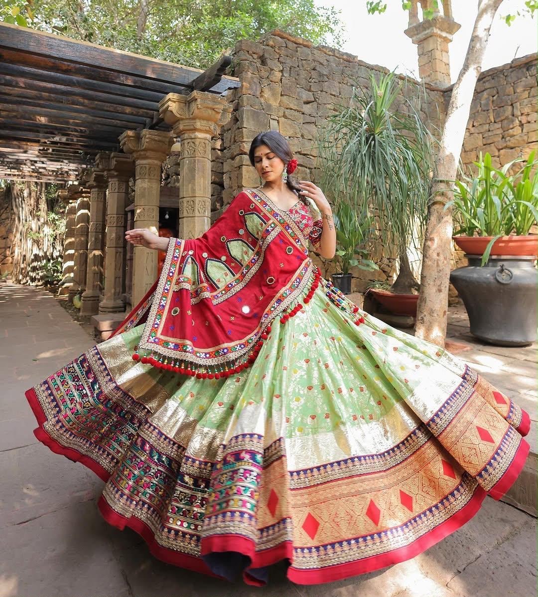 Pista Green Color Digital Printed with Real Mirror Navratri Lehenga Choli