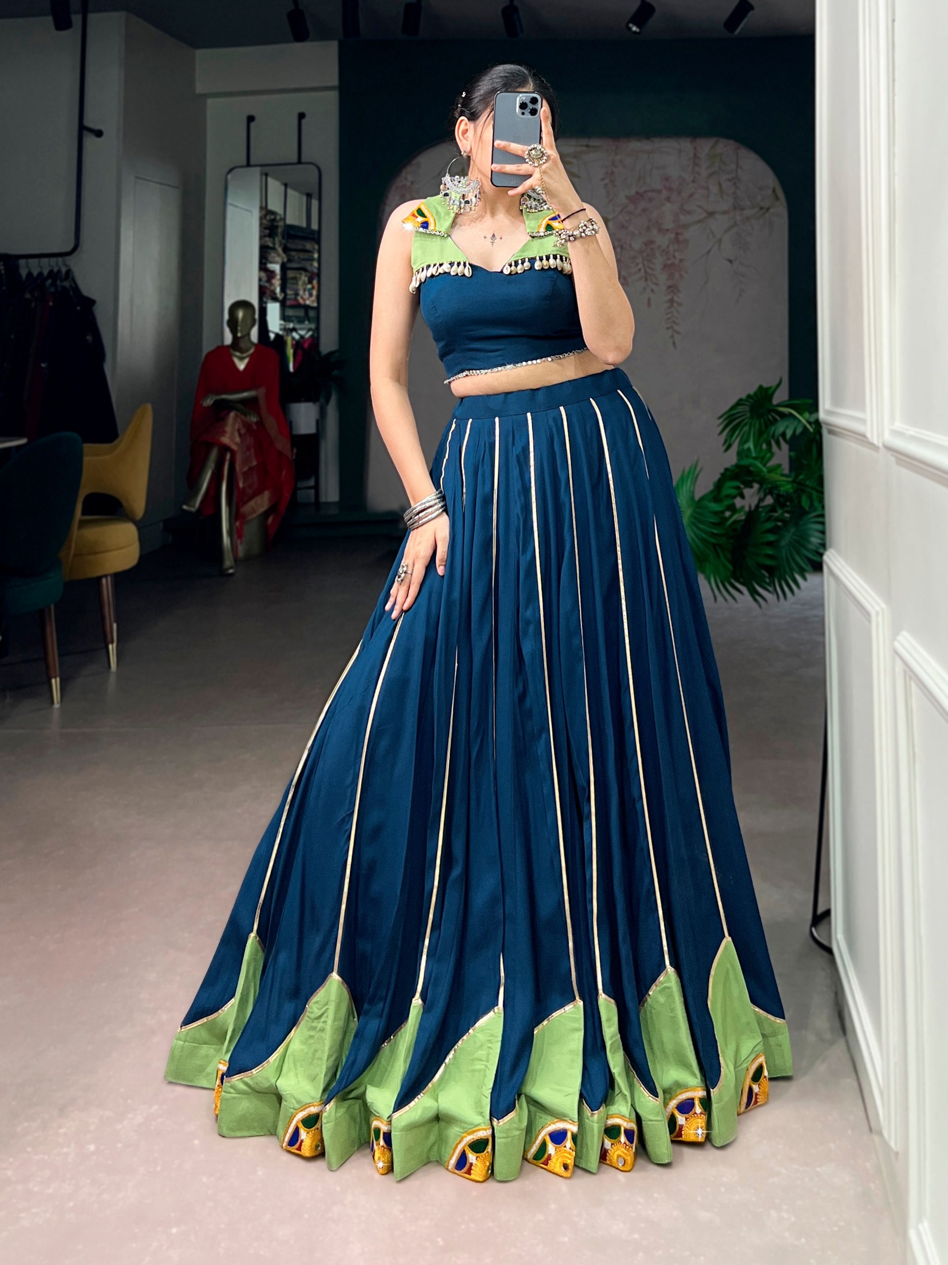 Blue Color Pure Rayon Gamthi Work Navratri Lehenga Choli