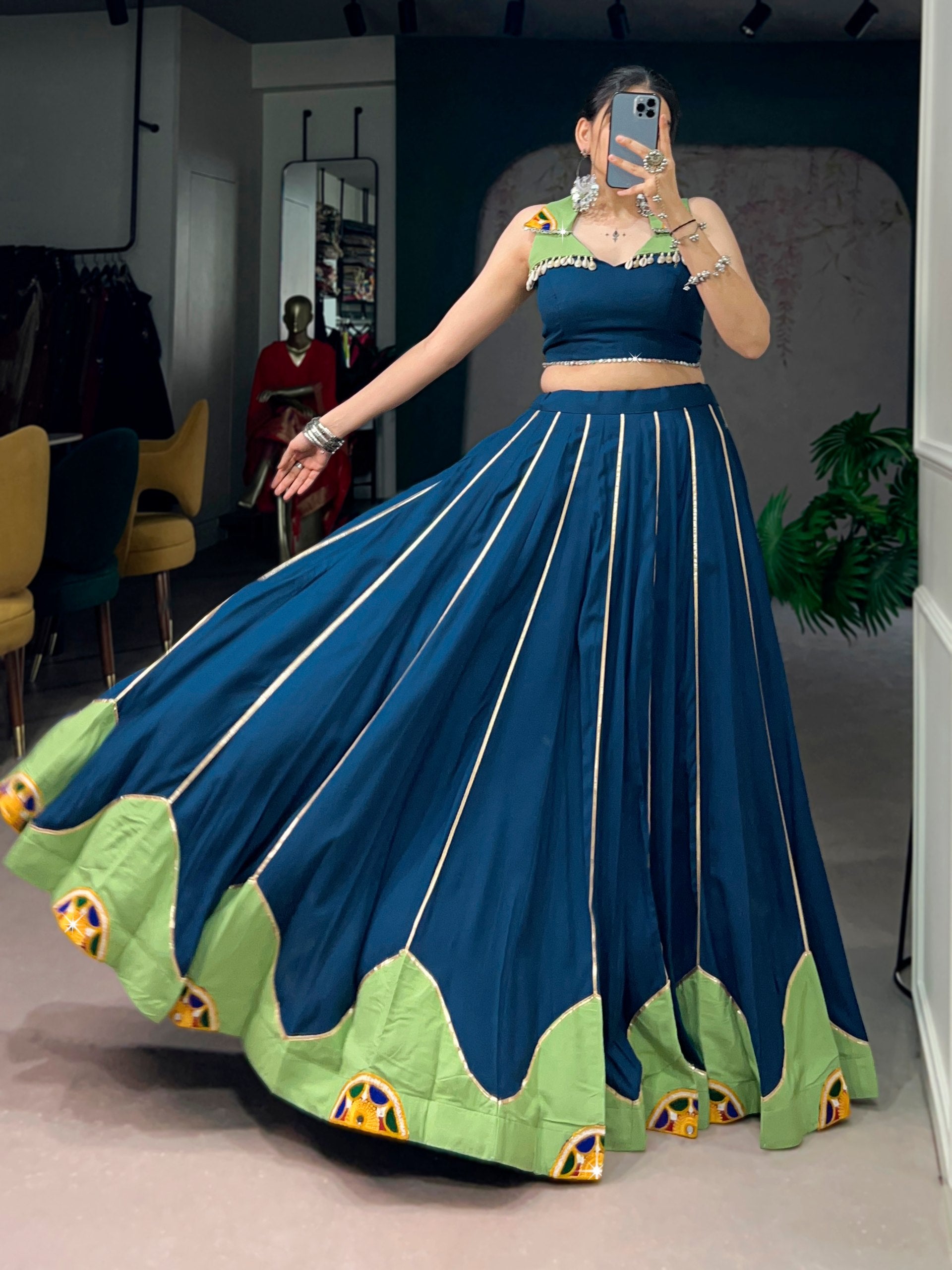 Blue Color Pure Rayon Gamthi Work Navratri Lehenga Choli