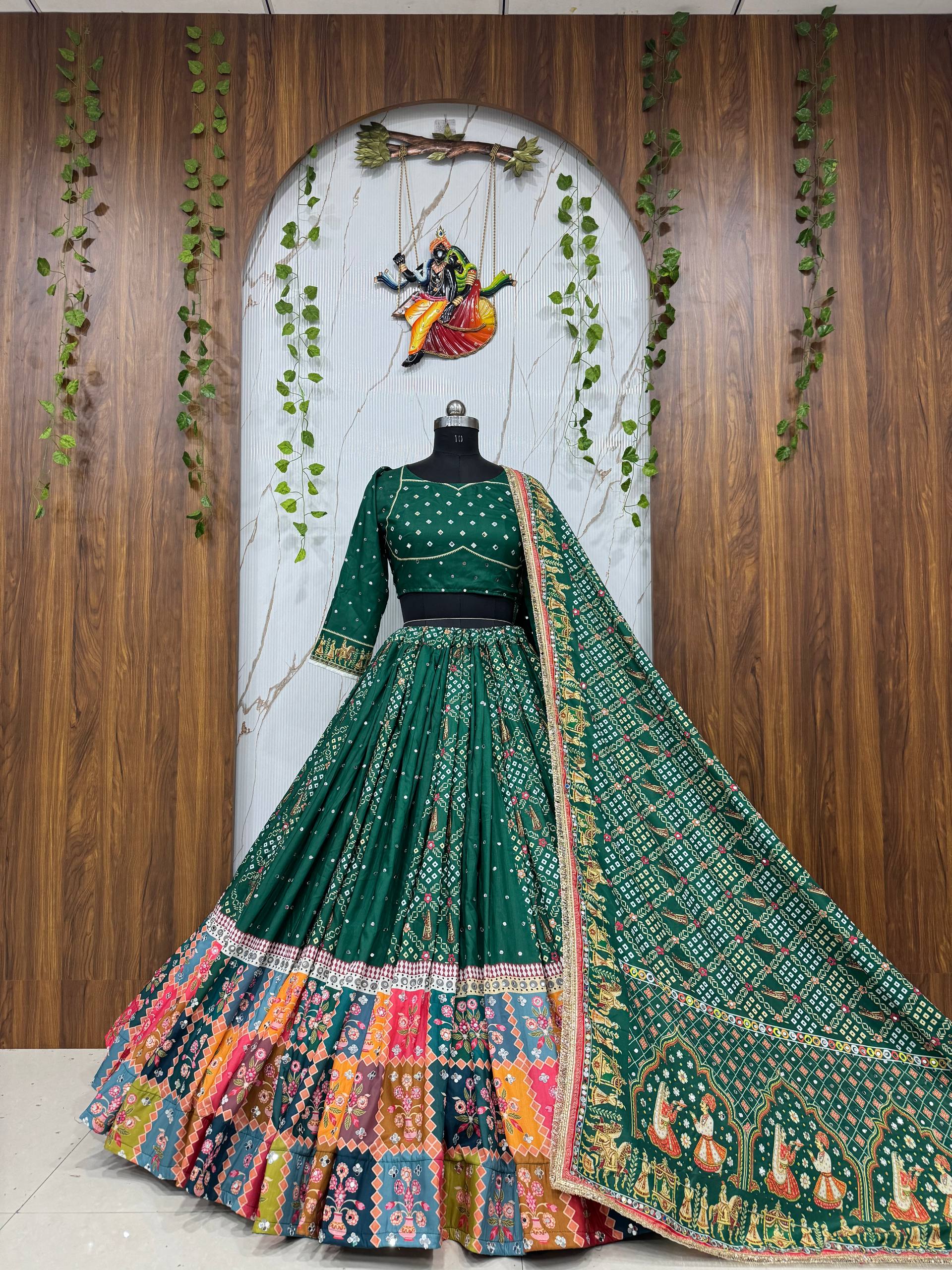 Green Color Digital Printed with Real Mirror Navratri Lehenga Choli