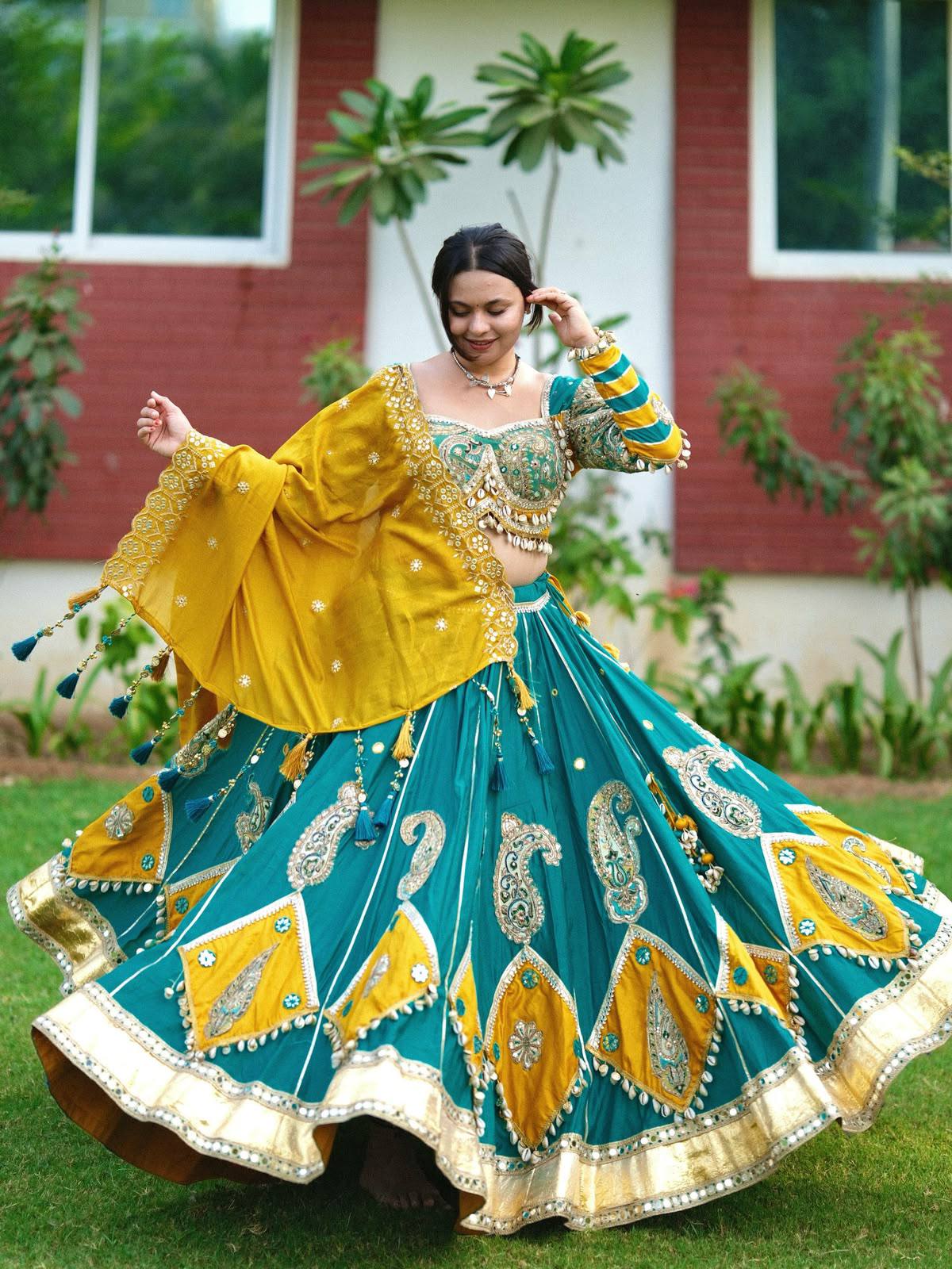 Green Color Navratri Designer Digital Printed Mirror Work Lehenga Set