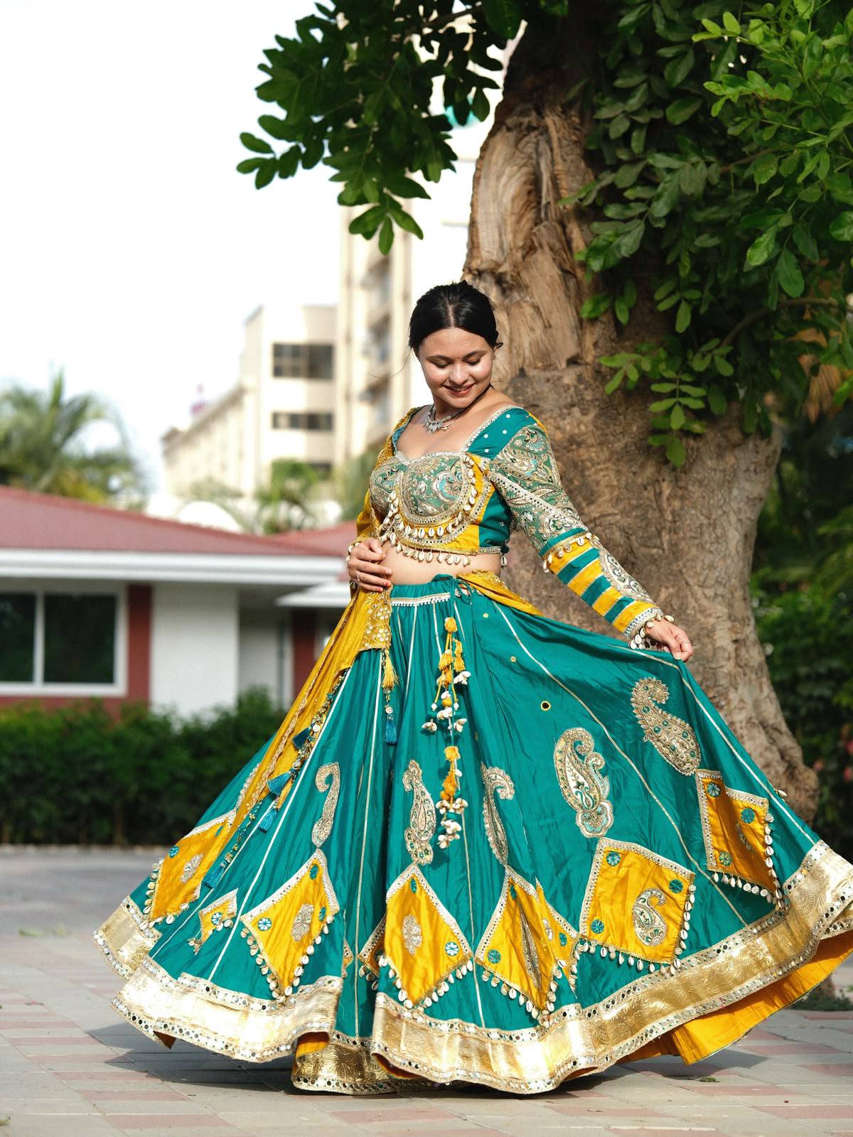 Green Color Navratri Designer Digital Printed Mirror Work Lehenga Set