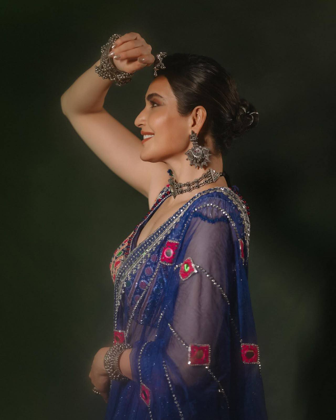 Blue and Red Color Digital Printed Mirror Work Navratri Lehenga Set