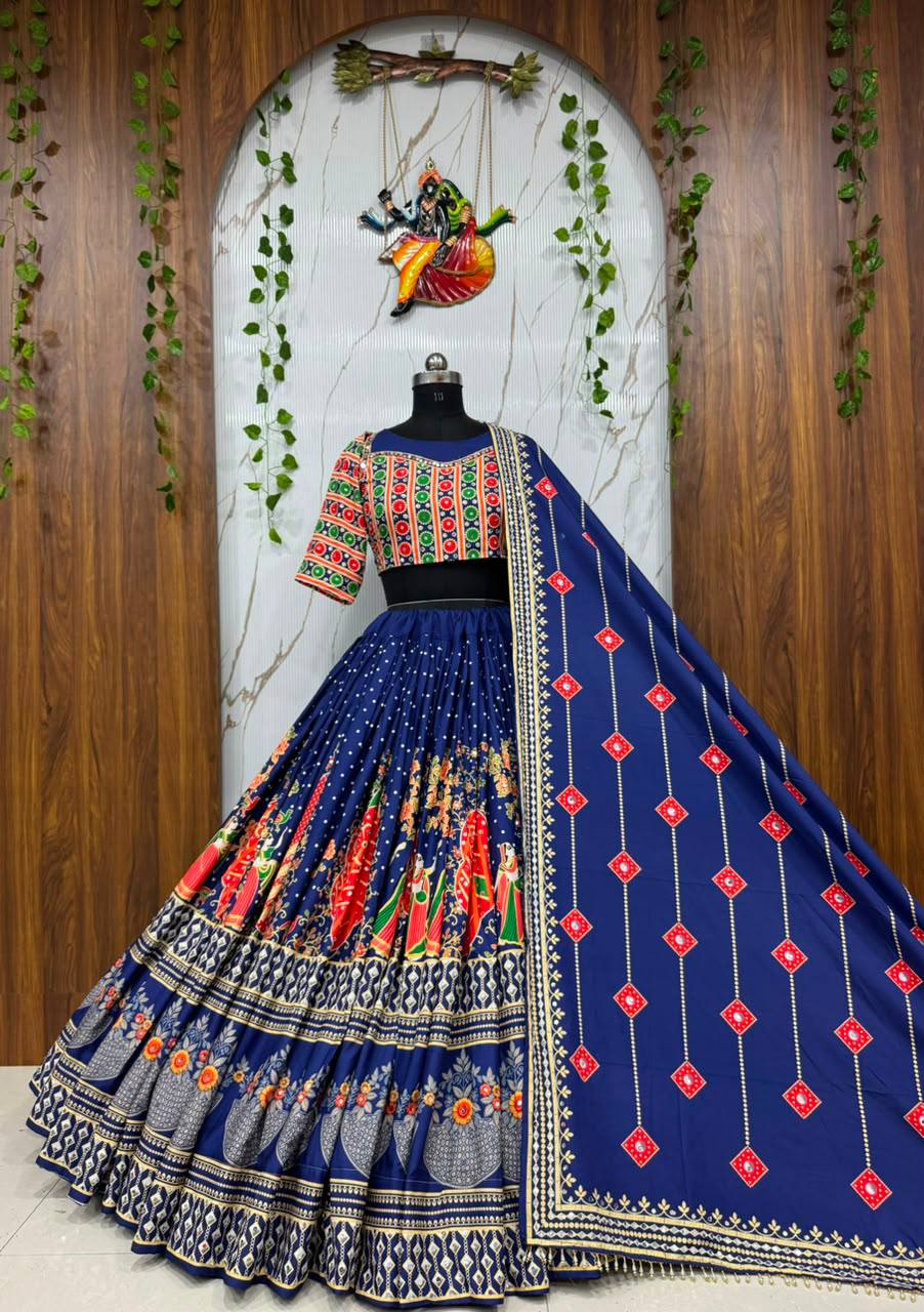 Blue and Red Color Digital Printed Mirror Work Navratri Lehenga Set