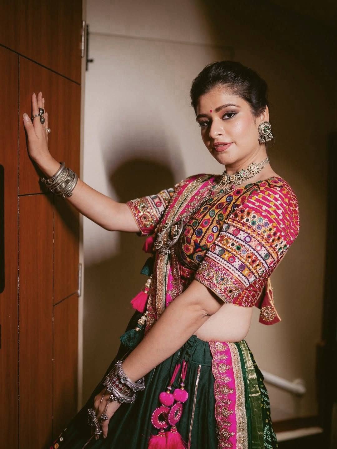 Green Mirror Work Printed Navratri Lehenga Choli
