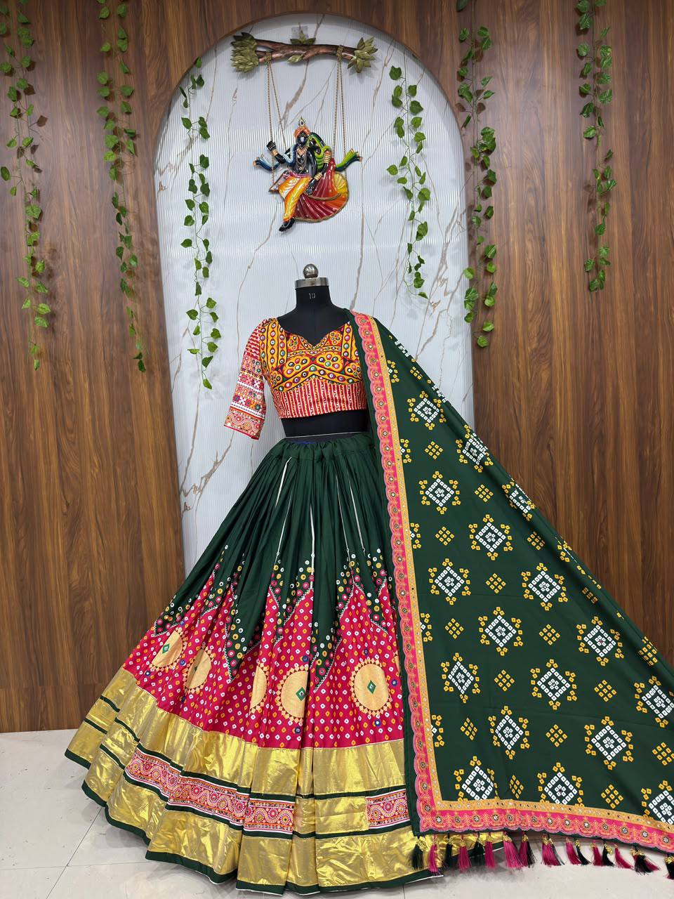 Green Mirror Work Printed Navratri Lehenga Choli