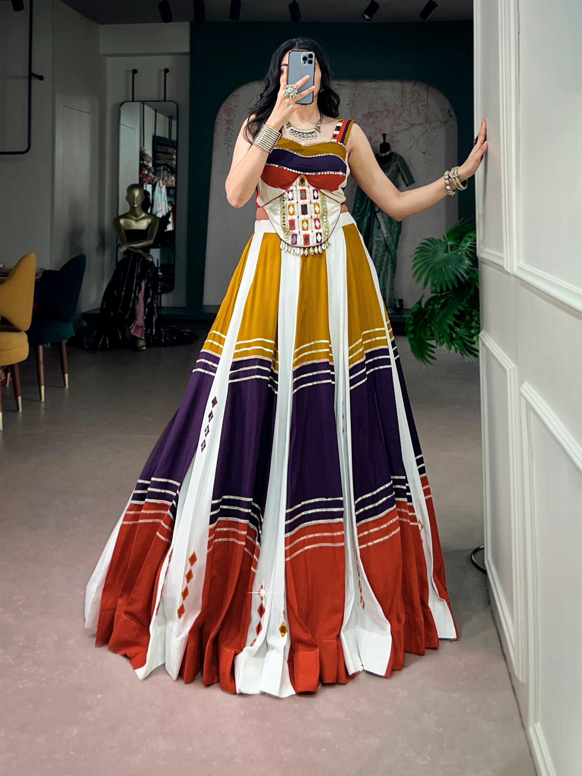 Mulati Color Pure Rayon Mirror Work Navratri Lehenga Choli