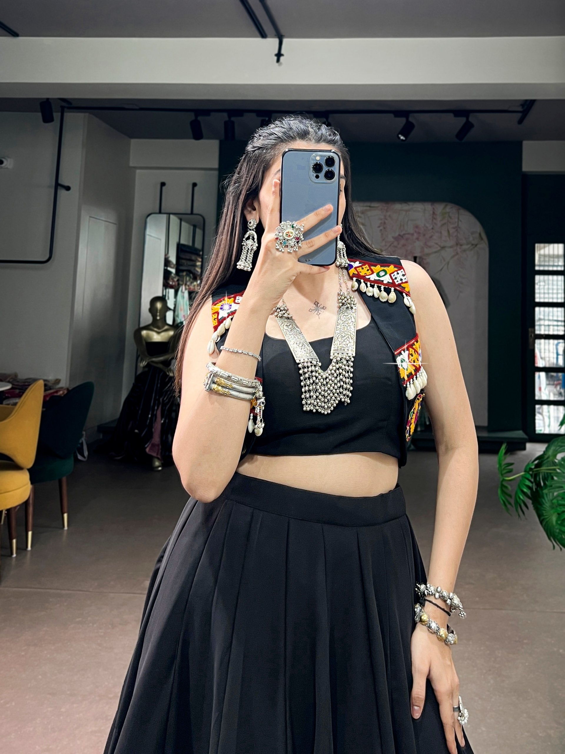 Black Color Georgette Navratri in style with this gorgeous black colour Lehenga Choli