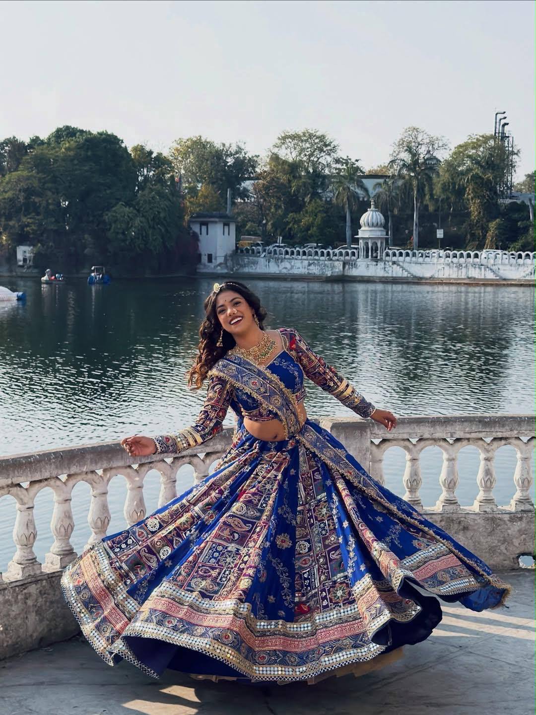 Blue Mirror Work Digital Printed Navratri Lehenga Choli
