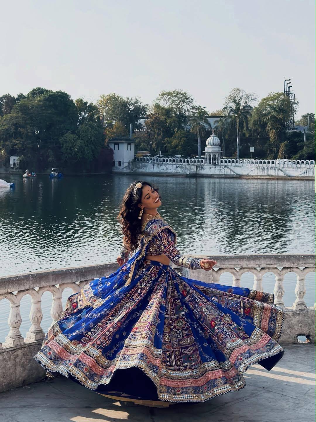 Blue Mirror Work Digital Printed Navratri Lehenga Choli