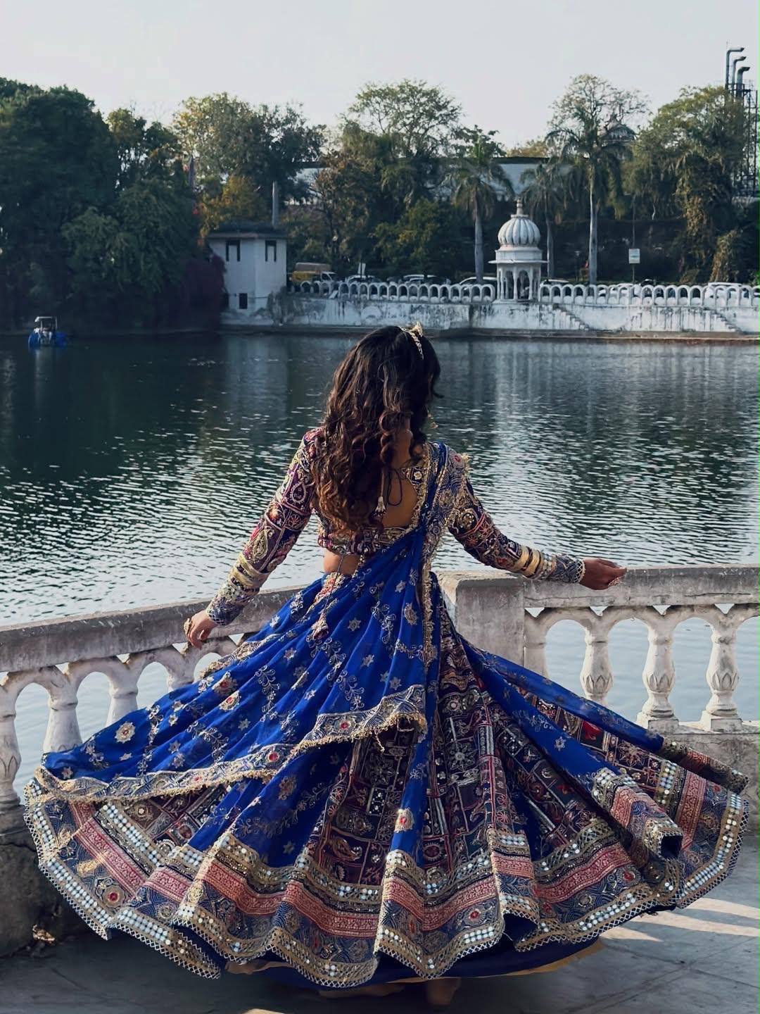 Blue Mirror Work Digital Printed Navratri Lehenga Choli
