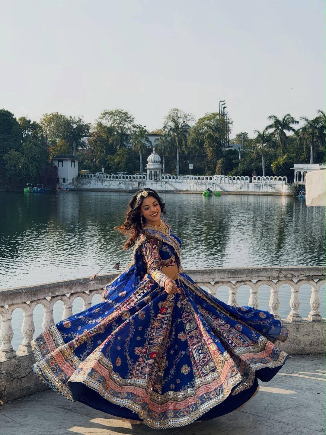 Blue Mirror Work Digital Printed Navratri Lehenga Choli