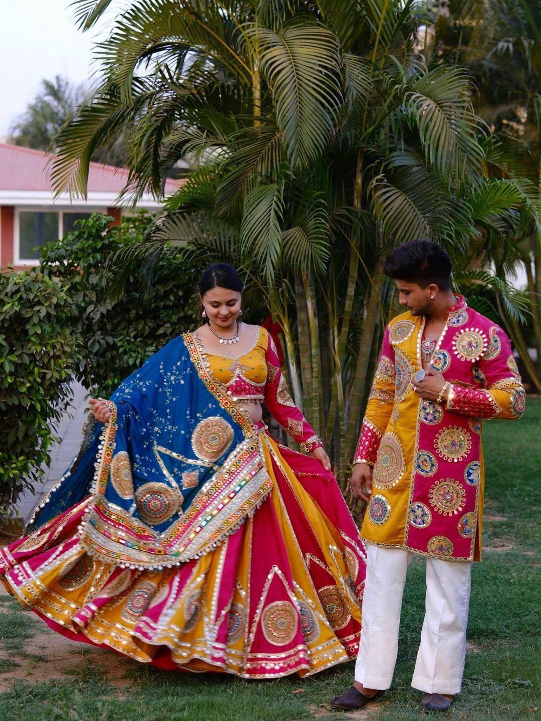 Yellow-Pink Color Digital Printed Muslin Navratri Lehenga Choli