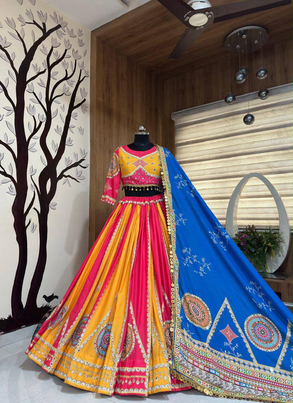 Yellow-Pink Color Digital Printed Muslin Navratri Lehenga Choli