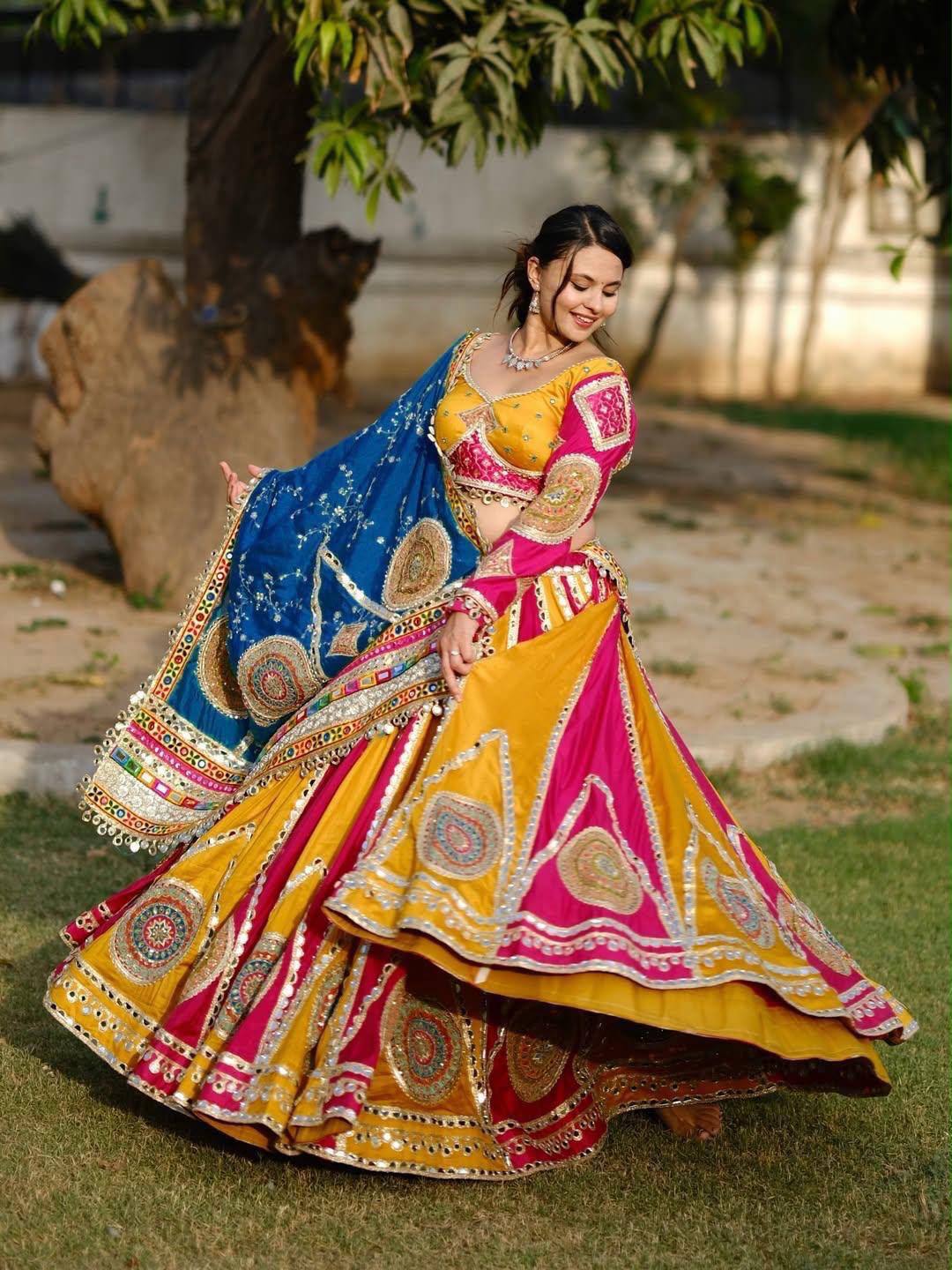 Yellow-Pink Color Digital Printed Muslin Navratri Lehenga Choli