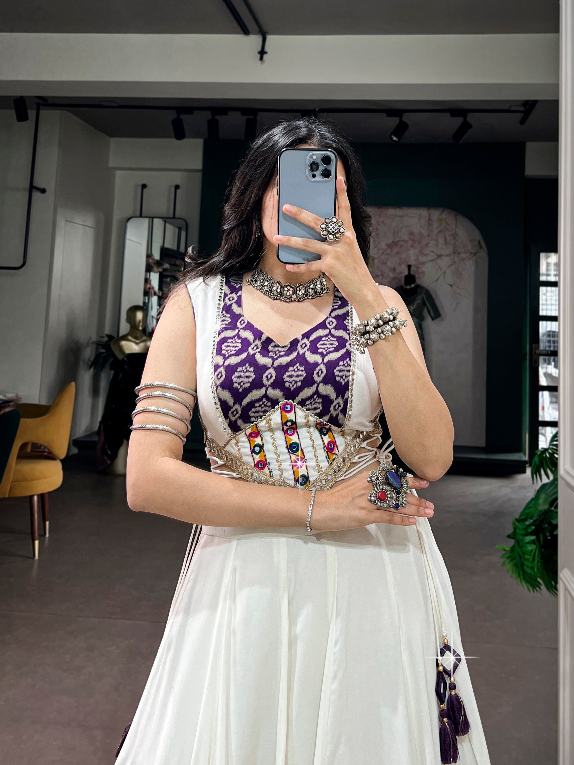 White Rayon Heritage Prints Gamthi Mirror Lace Navratri Lehenga Choli