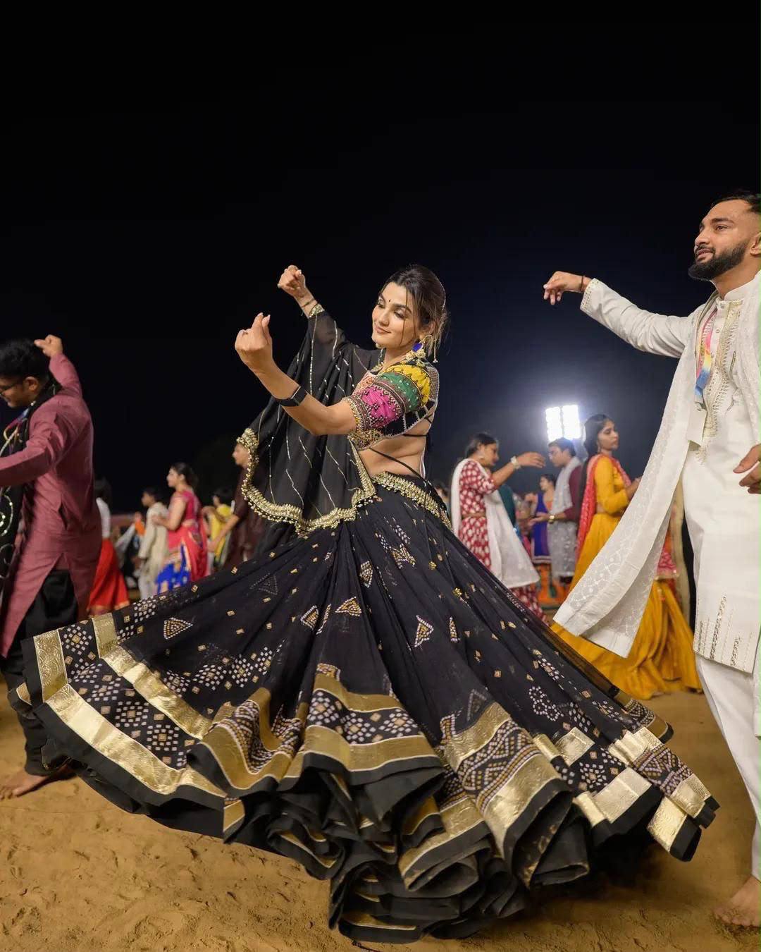 Black Digital Print with Mirror Work Muslin Navratri Lehenga Choli
