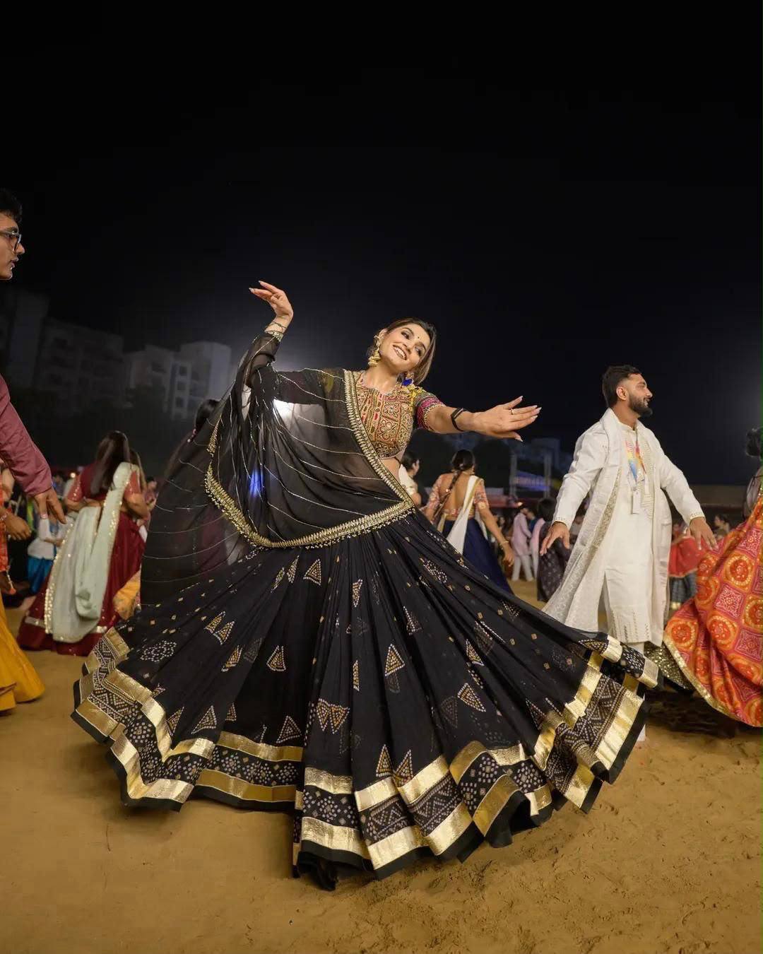 Black Digital Print with Mirror Work Muslin Navratri Lehenga Choli