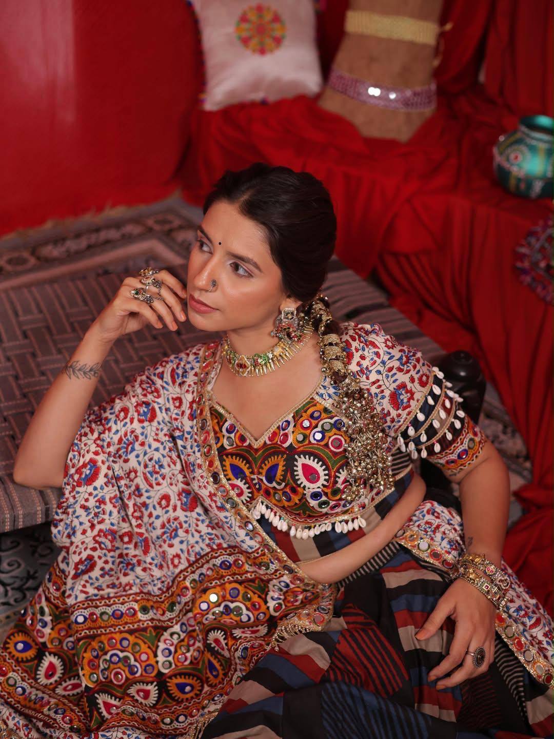 Multi Mirror Work Muslin Navratri Lehenga Choli.
