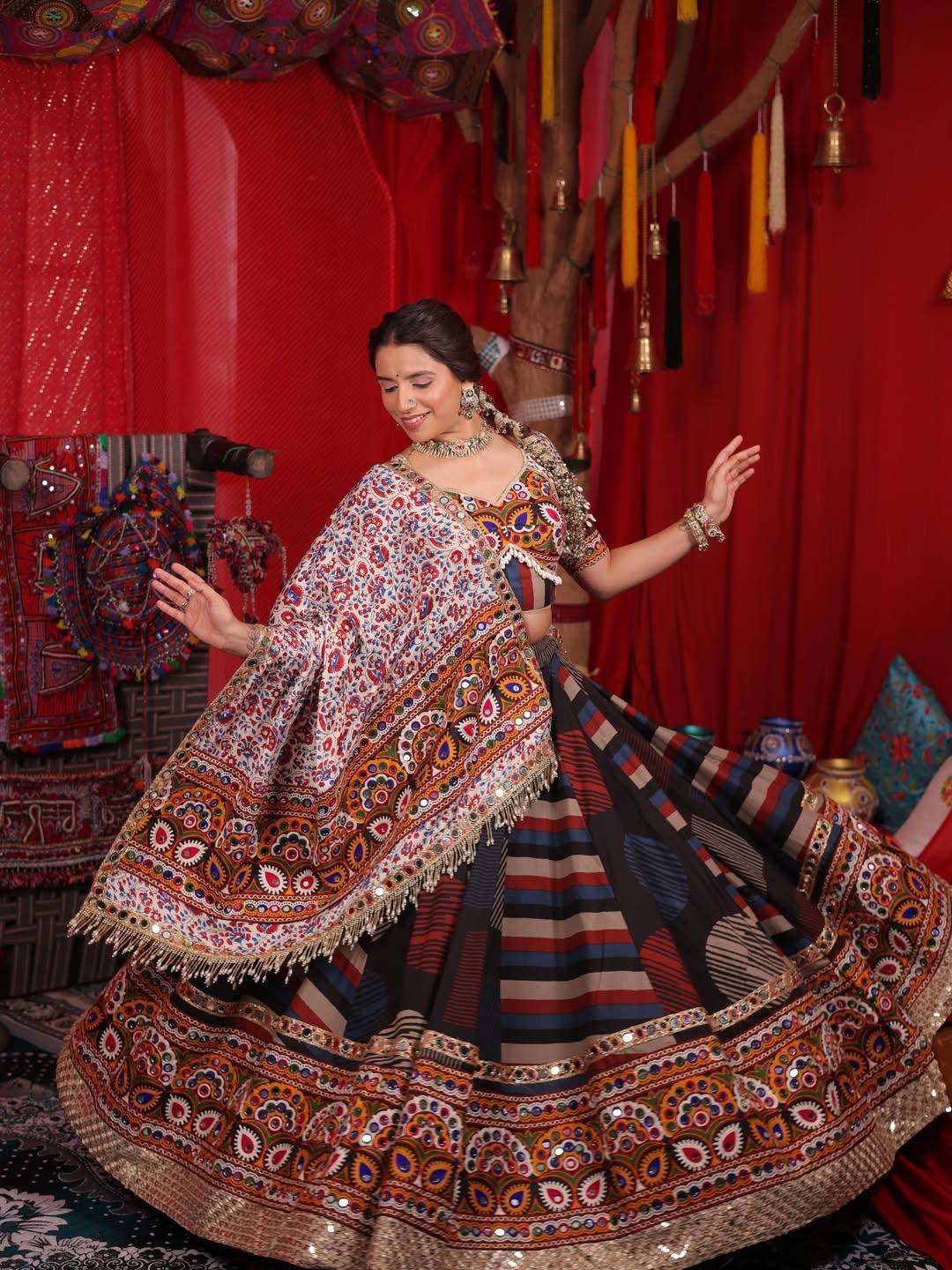 Multi Mirror Work Muslin Navratri Lehenga Choli.