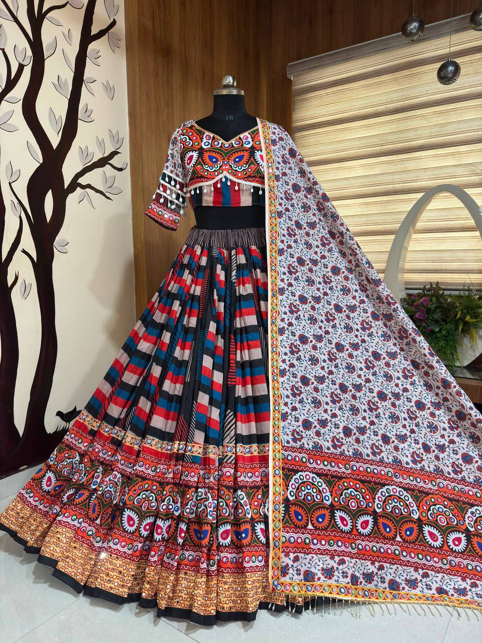 Multi Mirror Work Muslin Navratri Lehenga Choli.