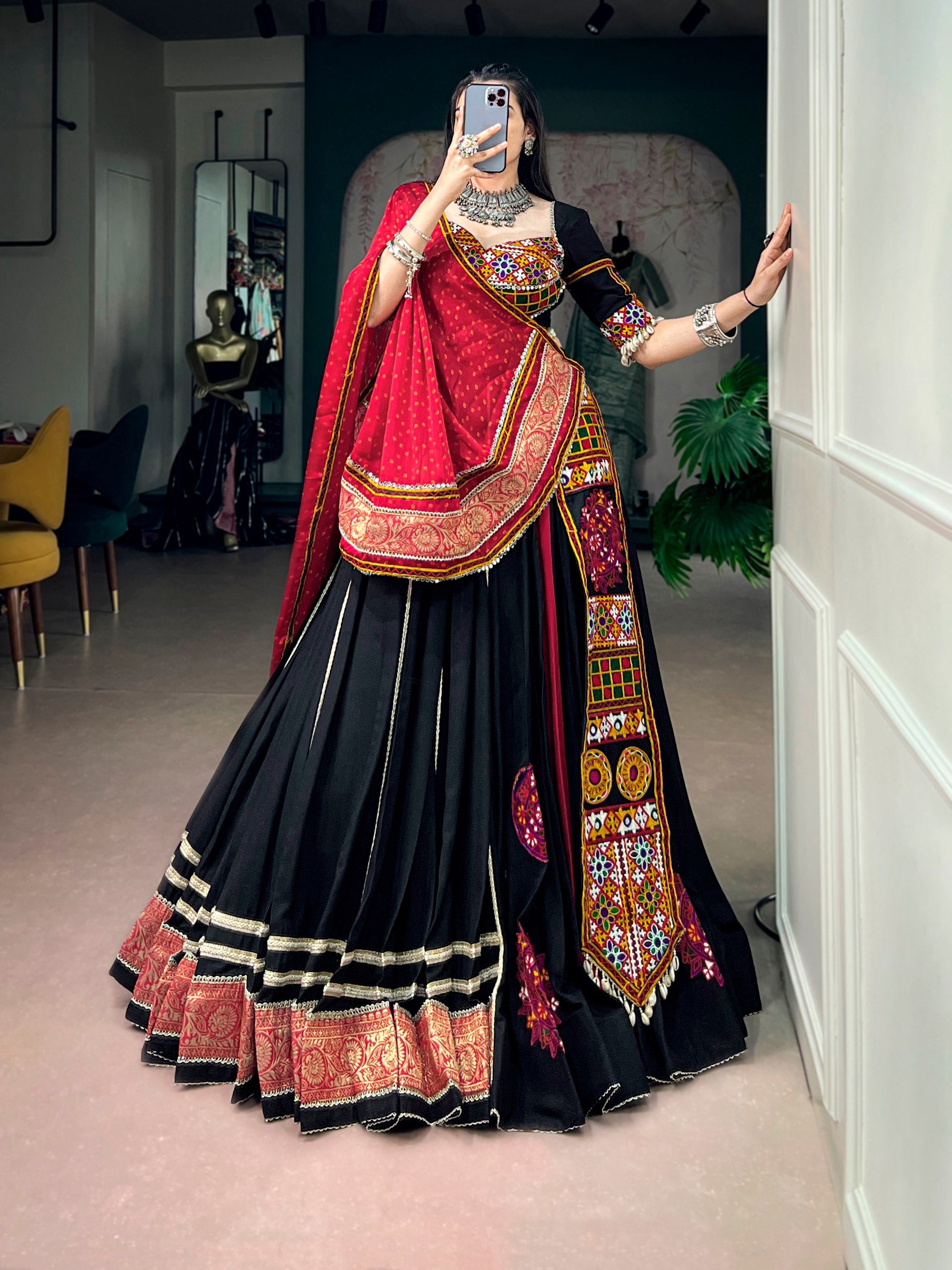 Black Rayon Kutchi Embroidery Patch Work Navratri Lehenga Choli