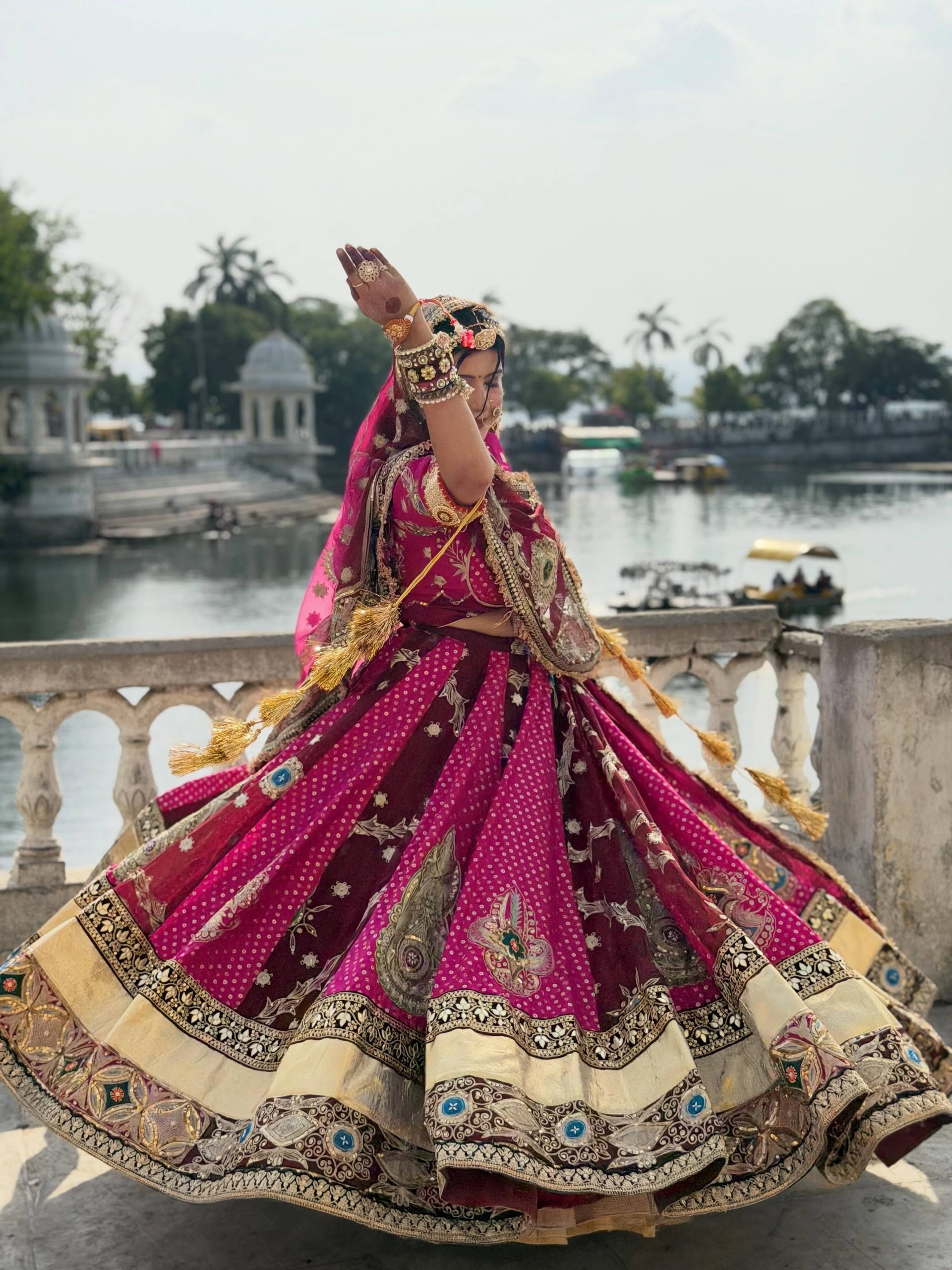 Pink Mirror Work Muslin Navratri Lehenga Choli.