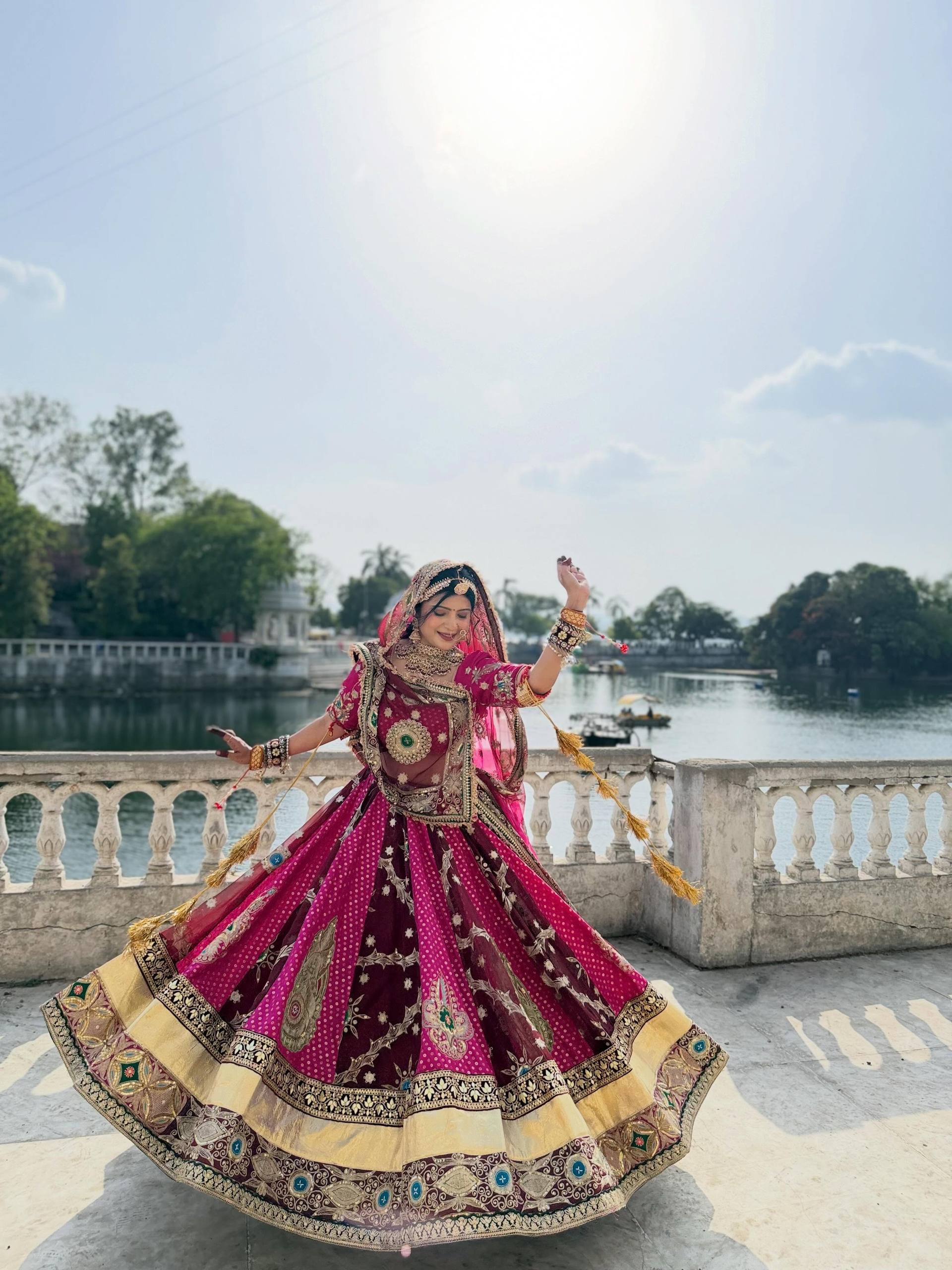 Pink Mirror Work Muslin Navratri Lehenga Choli.