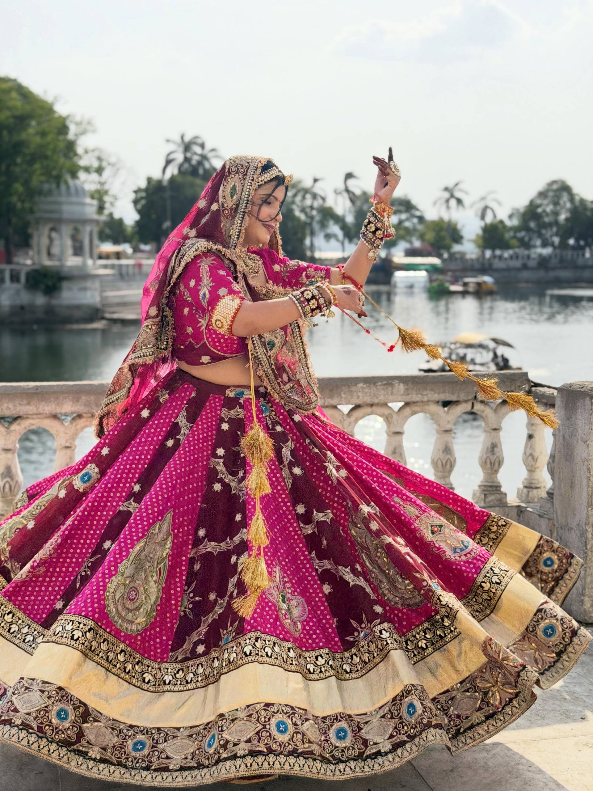 Pink Mirror Work Muslin Navratri Lehenga Choli.
