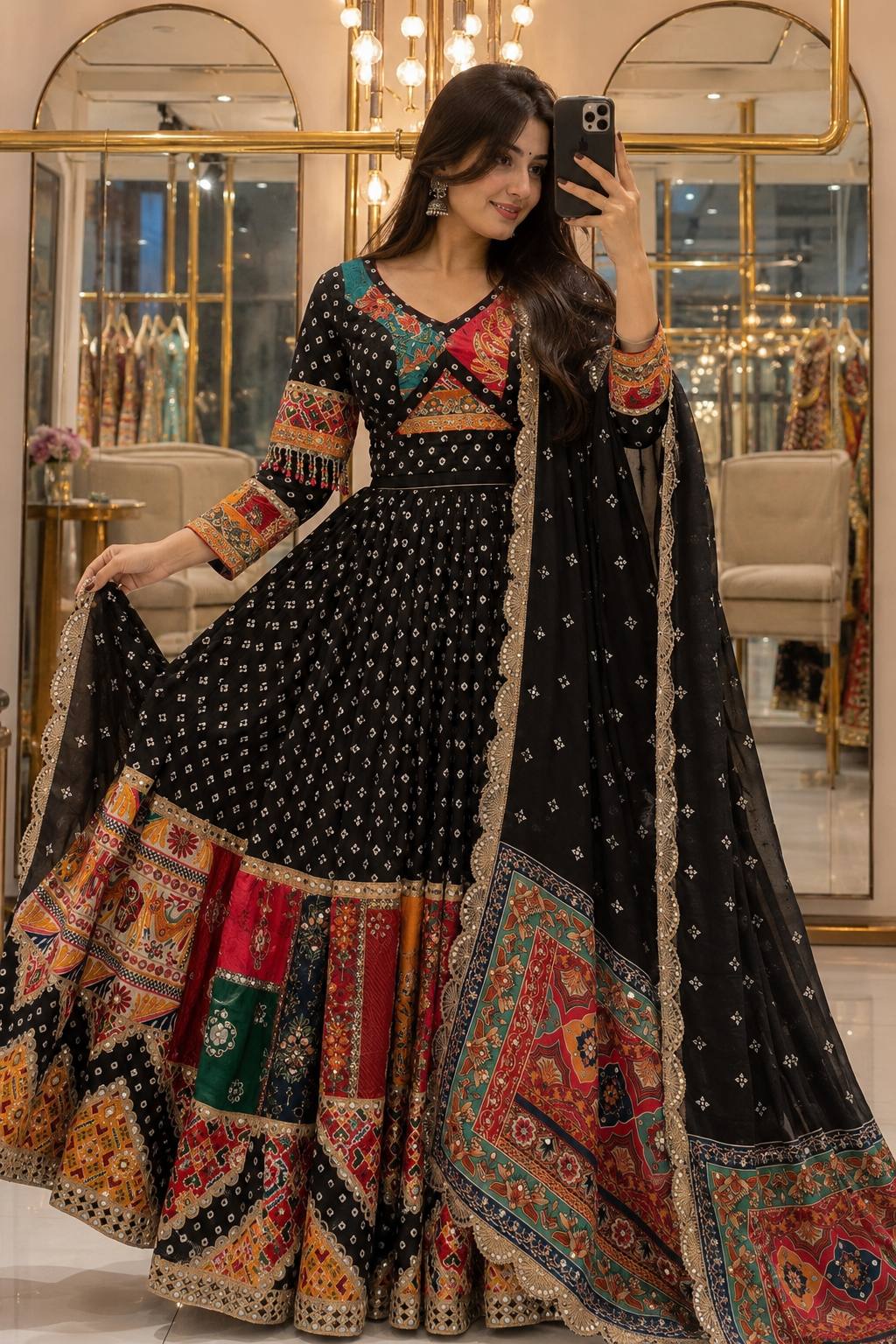 Black Mirror Work Muslin Navratri Lehenga Choli.